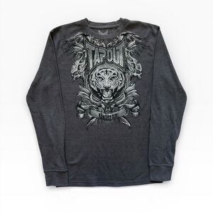 Vintage Y2K Grey TAPOUT Waffle Knit Long Sleeve Tiger ‘Believe’ Size Lrge